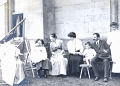 19110000 FANNY RODOCANACHI - ALEXANDRA IONIDES holding FANNY ZARIFI - CALLIOPE METAXA (née Vlasto) perhaps - NETTA ZARIFI (née Vlasto) - CONSTANTINE DEMETRIADI - ALEC IONIDES - OPIE IONIDES (née Zarifi) perhaps at Saltmarsh Castle
